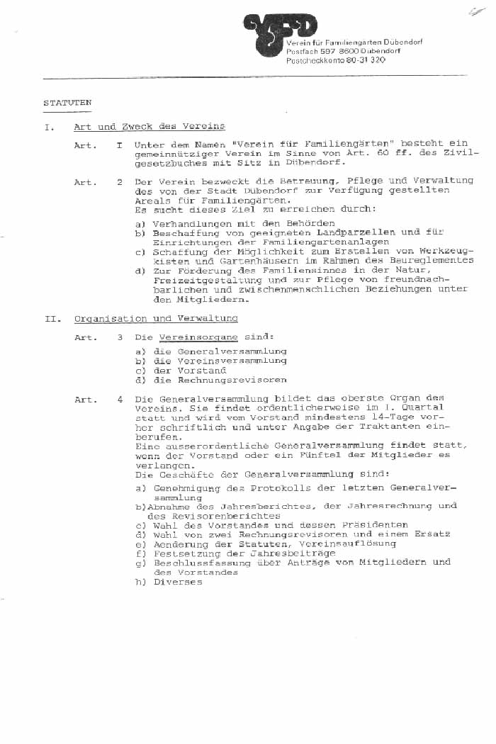 Die ersten Statuten vom Verein für Familiengärten Dübendorf von 1978. Die Details beschreibt Peter Bloch in seiner Chronik.