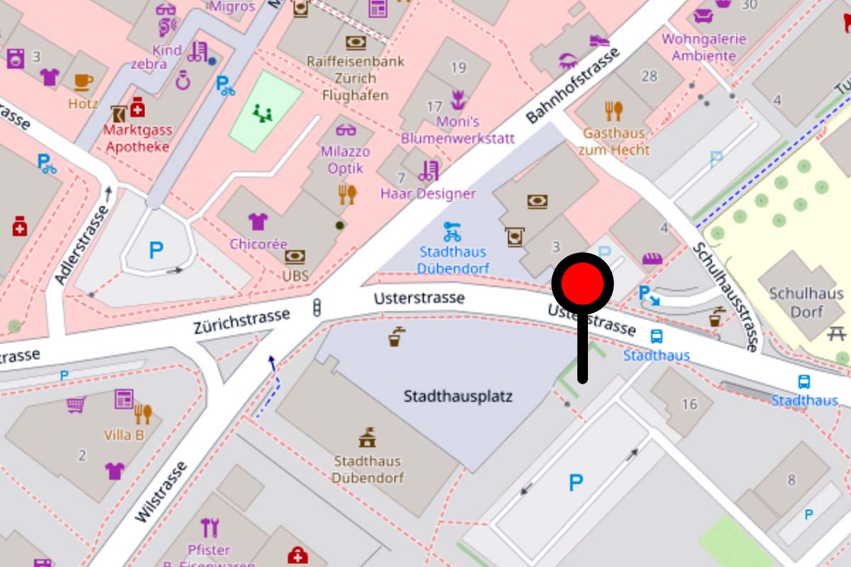 Stadthausplatz Dübendorf, Nebensammelstelle. Karte hergestellt aus Daten von OpenStreetMap-Mitwirkenden, lizenziert unter der Open Database License (ODbL).